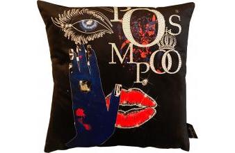Harald Glööckler Designer Pillow Pompöös by Casa Padrino with Rhinestones Eyes & Lips Black - Luxury Decorative Accessories